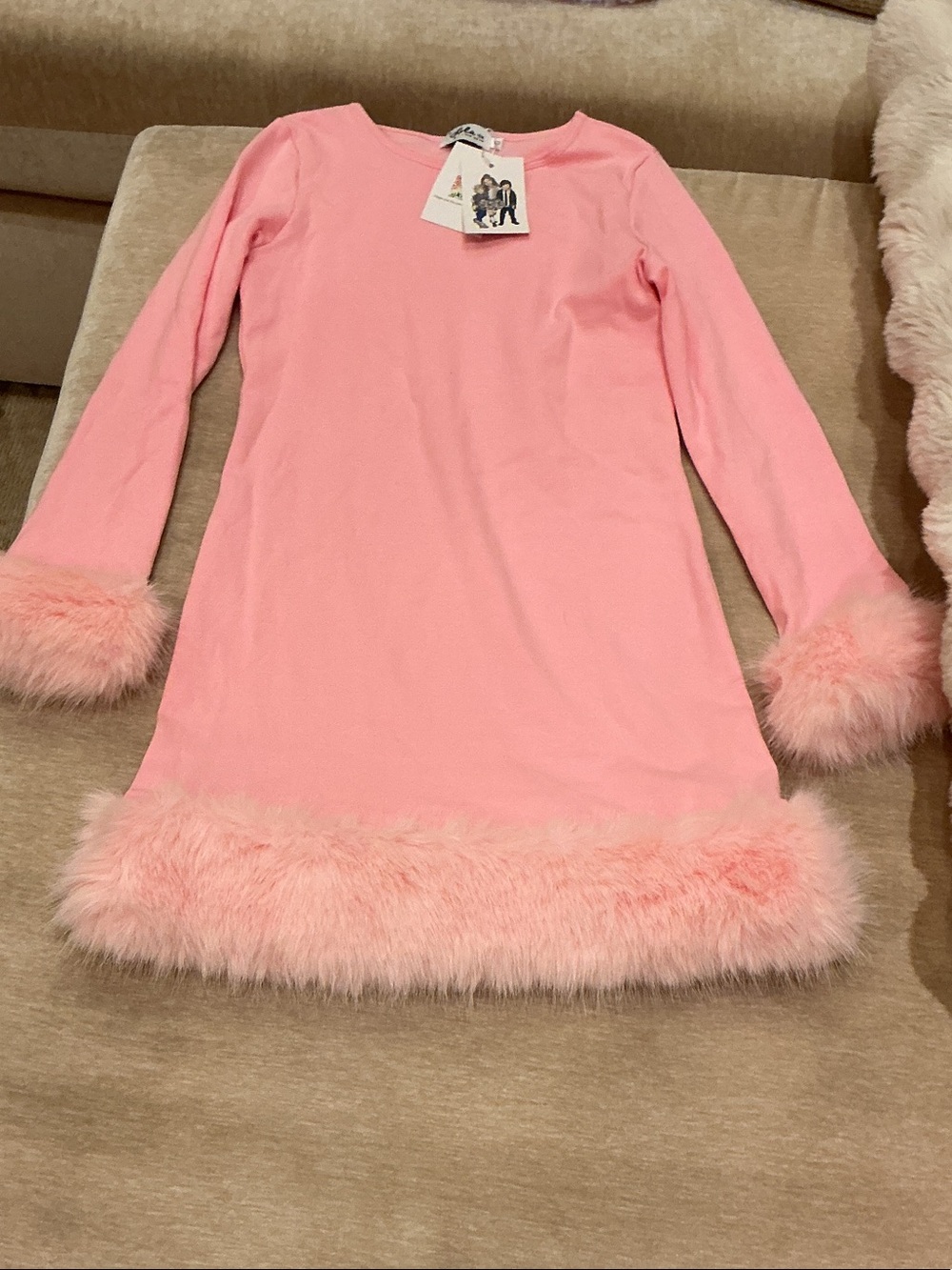 Lola + The Boys Pink Faux-Fur Trim Long-Sleeve Nightgown